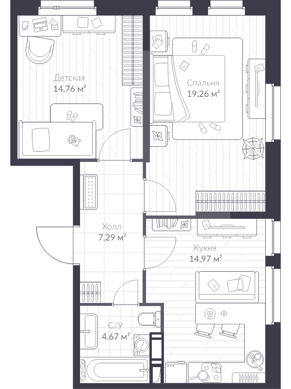 2-комнатная квартира, 61 м² в ЖК "VEREN NEXT шуваловский" - планировка, фото №1