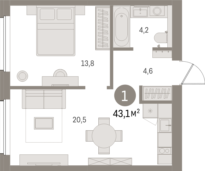 2-комнатная (Евро) квартира, 43.1 м² в ЖК "Северный ветер" - планировка, фото №1