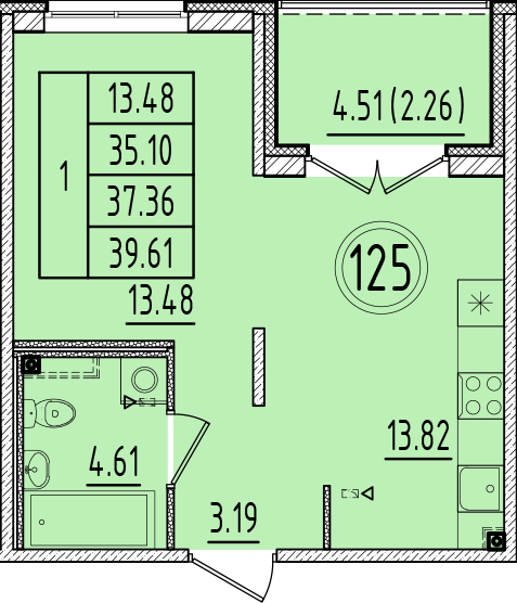1-комнатная квартира, 35.1 м² в ЖК "Образцовый квартал 6.4" - планировка, фото №1