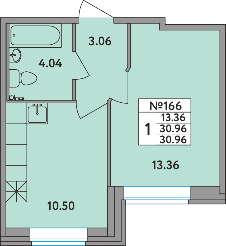 1-комнатная квартира, 30.96 м² в ЖК "Удача (Вита)" - планировка, фото №1
