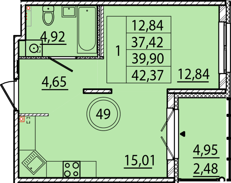 2-комнатная (Евро) квартира, 37.42 м² - планировка, фото №1