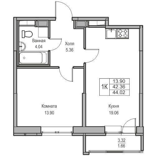2-комнатная (Евро) квартира, 44.02 м² в ЖК "Юнтолово" - планировка, фото №1