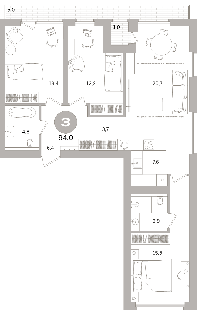 4-комнатная (Евро) квартира, 94.1 м² в ЖК "Северный ветер" - планировка, фото №1