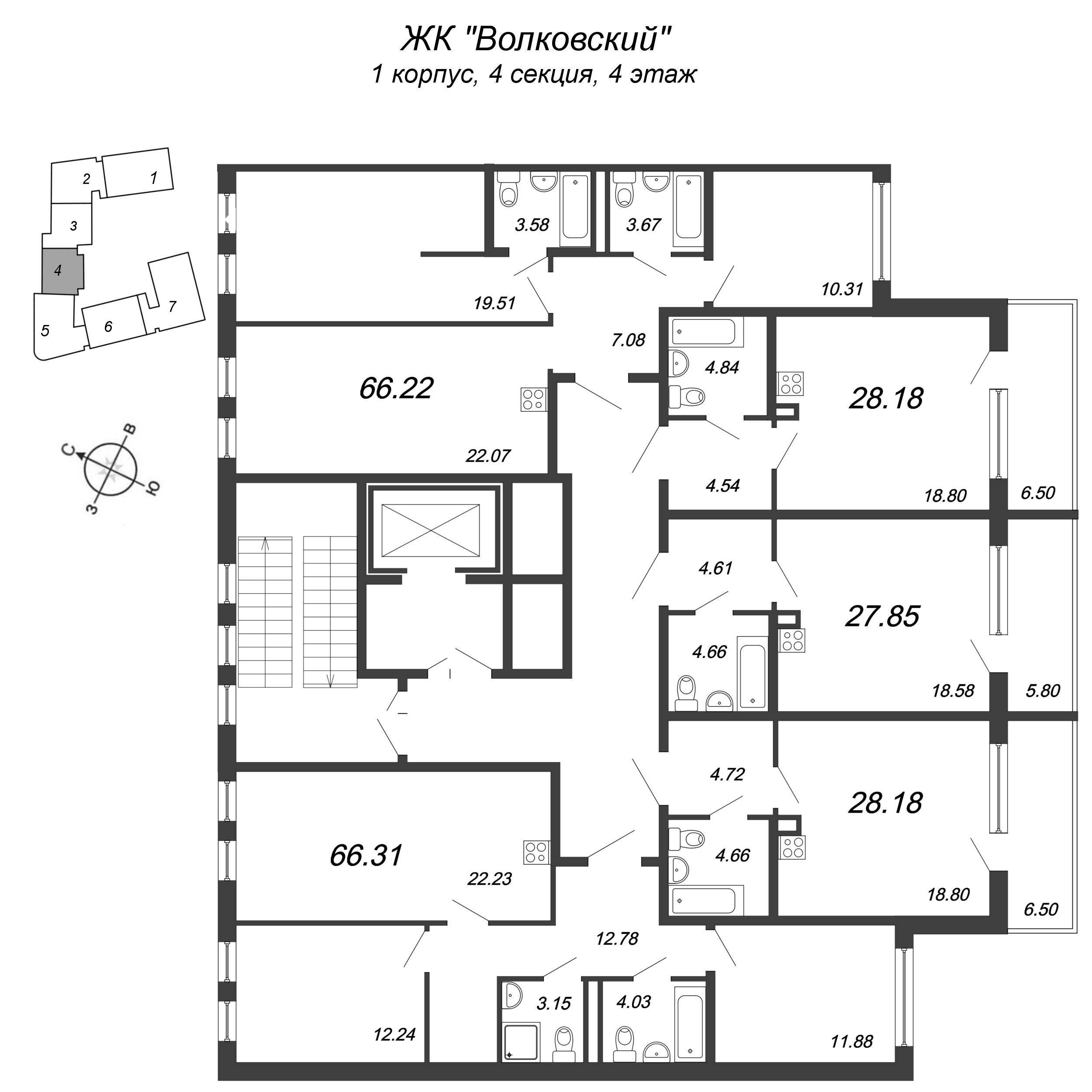 Квартира-студия, 34.68 м² в ЖК "Волковский" - планировка этажа