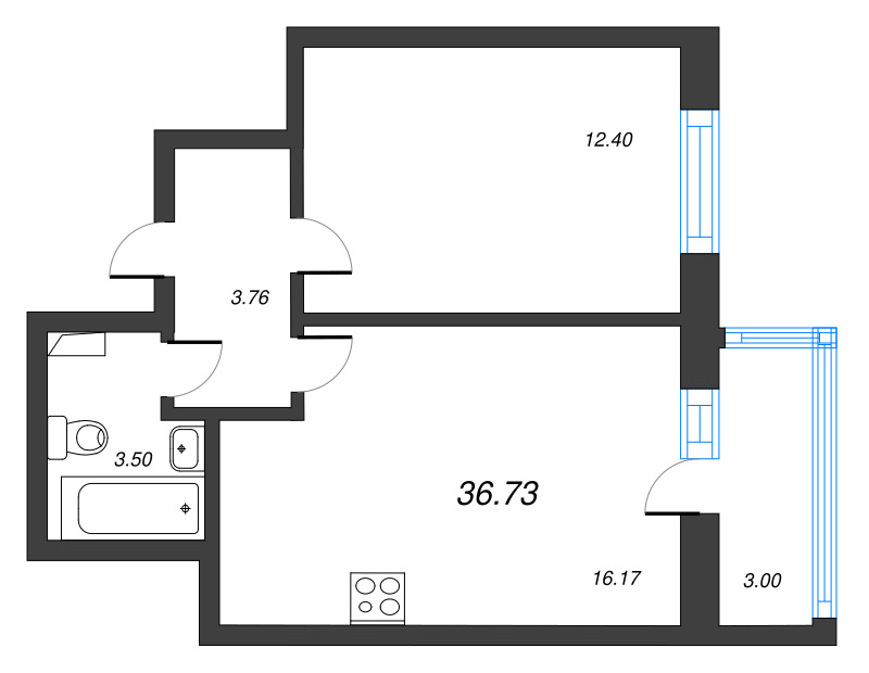 2-комнатная (Евро) квартира, 36.73 м² в ЖК "Лето" - планировка, фото №1