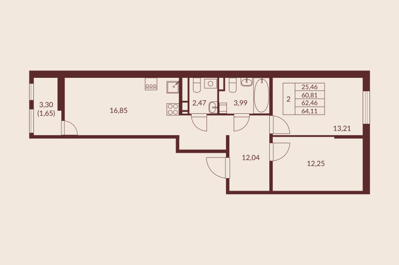 3-комнатная (Евро) квартира, 62.46 м² в ЖК "Амурино" - планировка, фото №1