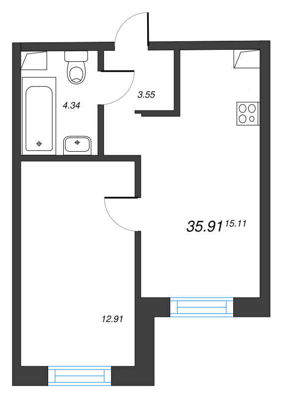 2-комнатная (Евро) квартира, 35.91 м² в ЖК "Тишин" - планировка, фото №1