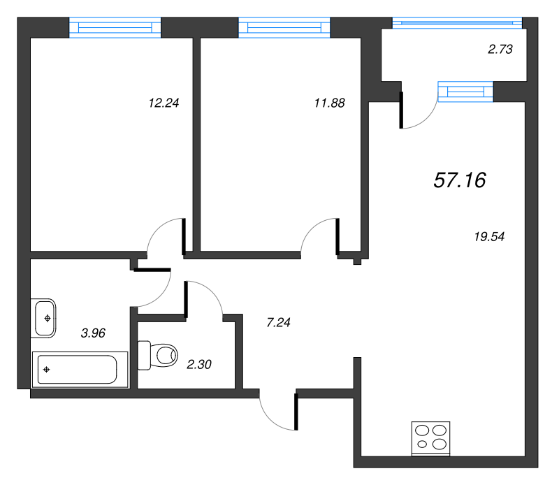 3-комнатная (Евро) квартира, 56.3 м² - планировка, фото №1