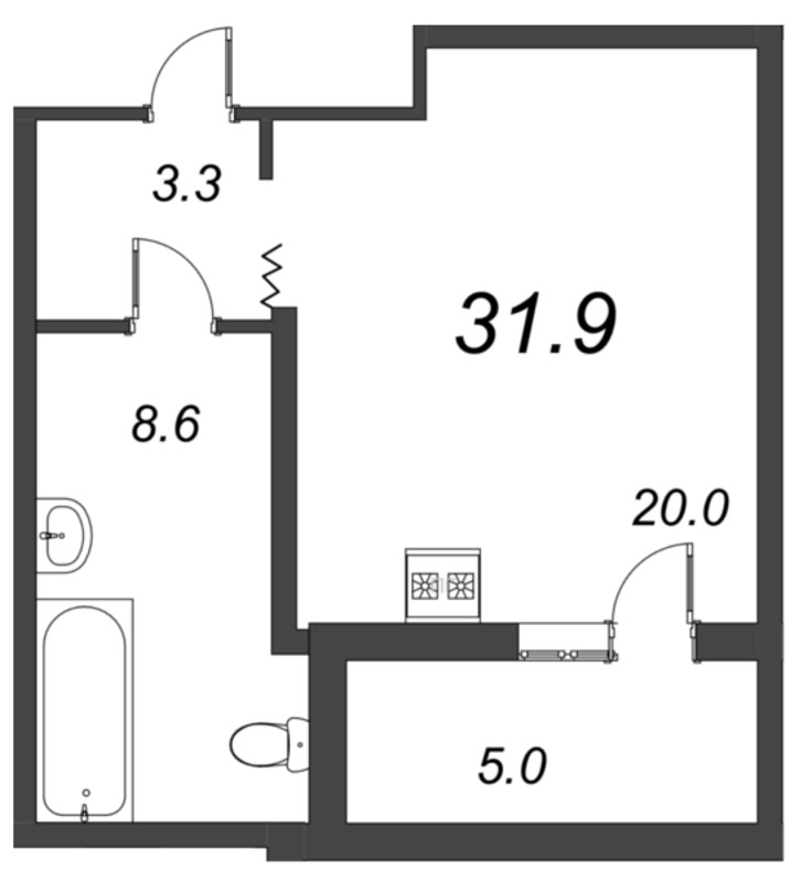 Квартира-студия, 31.9 м² в ЖК "Созидатели" - планировка, фото №1