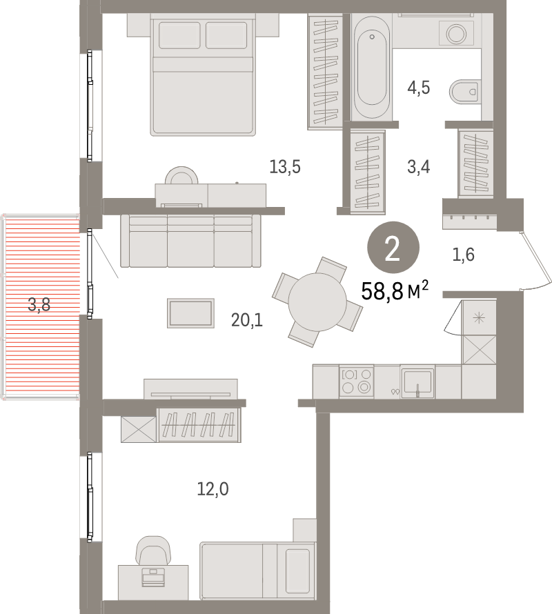 3-комнатная (Евро) квартира, 58.8 м² в ЖК "Брусника в Новоселье" - планировка, фото №1