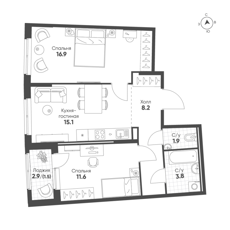3-комнатная (Евро) квартира, 59 м² в ЖК "Ягодное Река Парк" - планировка, фото №1