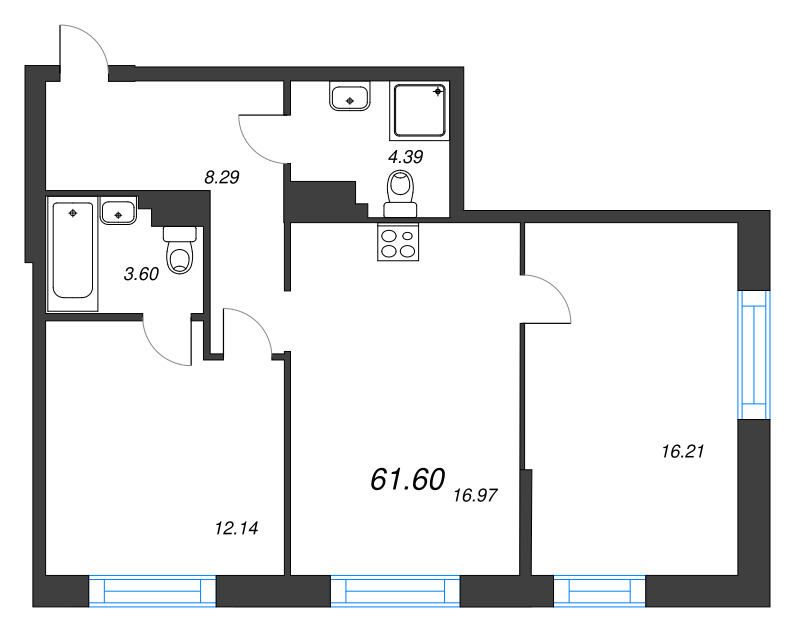 3-комнатная (Евро) квартира, 61.6 м² в ЖК "ОРО от Аквилон" - планировка, фото №1