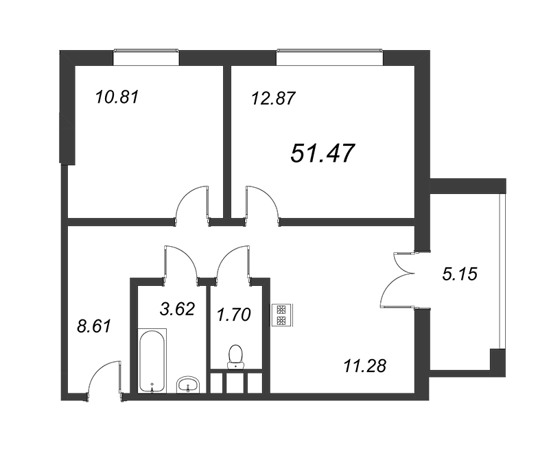 2-комнатная квартира, 52.4 м² в ЖК "WINGS апартаменты на Крыленко" - планировка, фото №1