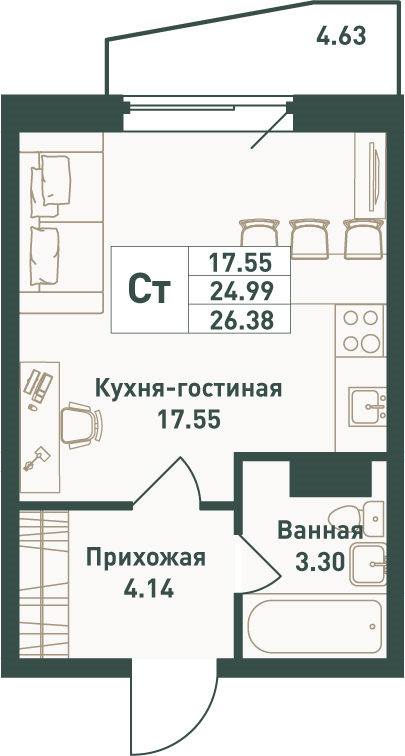 Квартира-студия, 26.38 м² в ЖК "Тандем" - планировка, фото №1