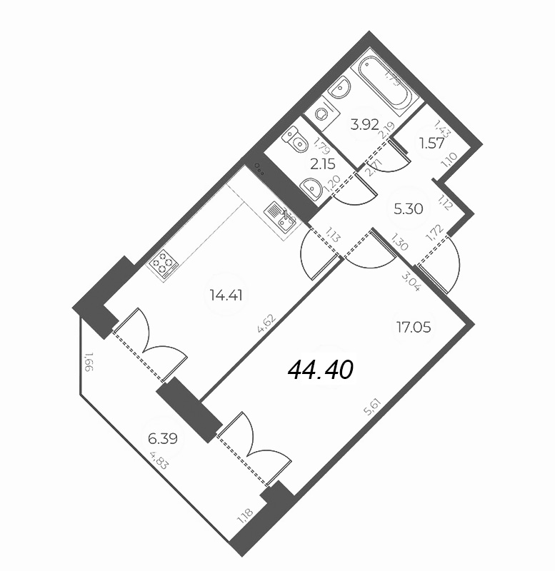 1-комнатная квартира, 47.59 м² - планировка, фото №1