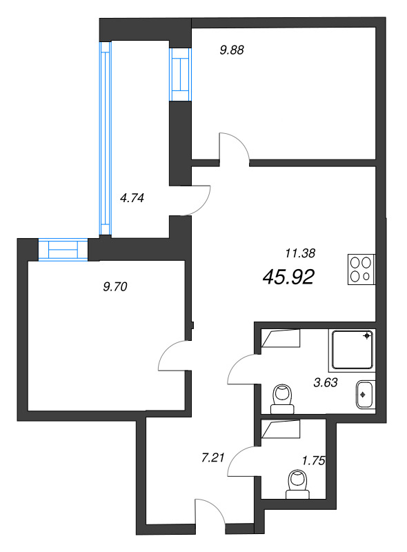 2-комнатная квартира, 45.92 м² в ЖК "Уютный" - планировка, фото №1