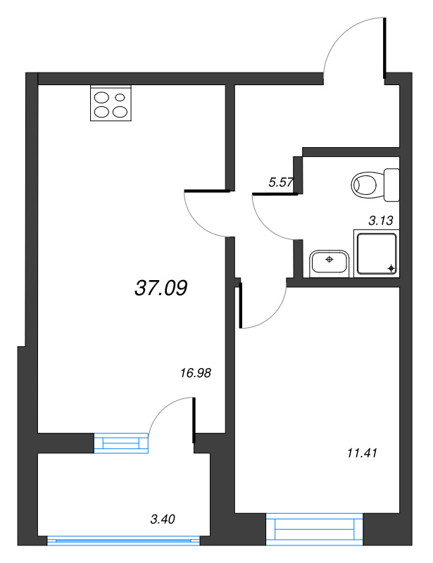 2-комнатная (Евро) квартира, 37.09 м² в ЖК "Чёрная речка" - планировка, фото №1