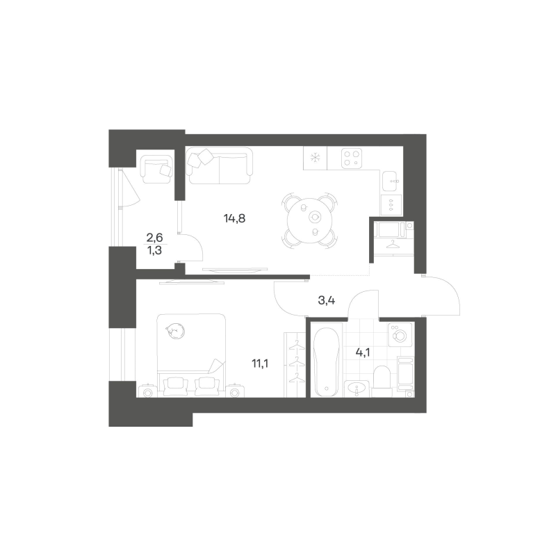 1-комнатная квартира, 34.66 м² в ЖК "Новый Питер" - планировка, фото №1