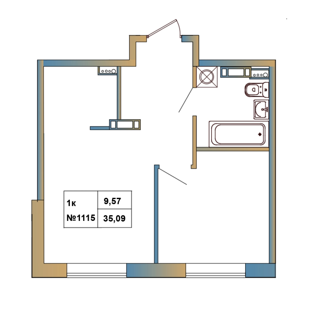 1-комнатная квартира, 35.09 м² в ЖК "Атмосфера Выборга" - планировка, фото №1