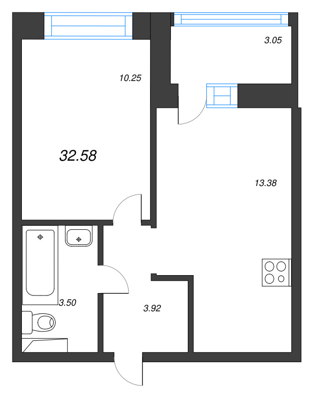 1-комнатная квартира, 32.58 м² в ЖК "Уютный" - планировка, фото №1