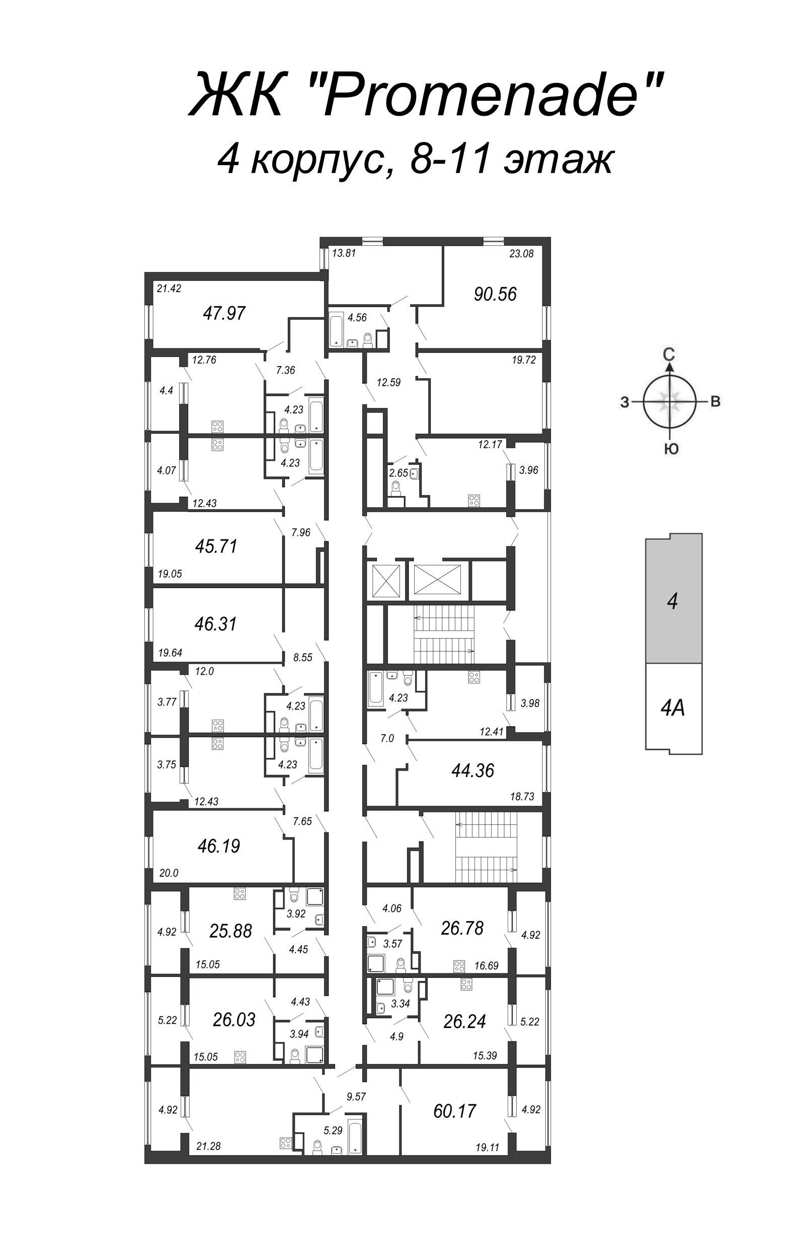 1-комнатная квартира, 44.5 м² в ЖК "PROMENADE" - планировка этажа