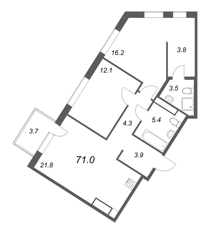 3-комнатная (Евро) квартира, 71 м² - планировка, фото №1