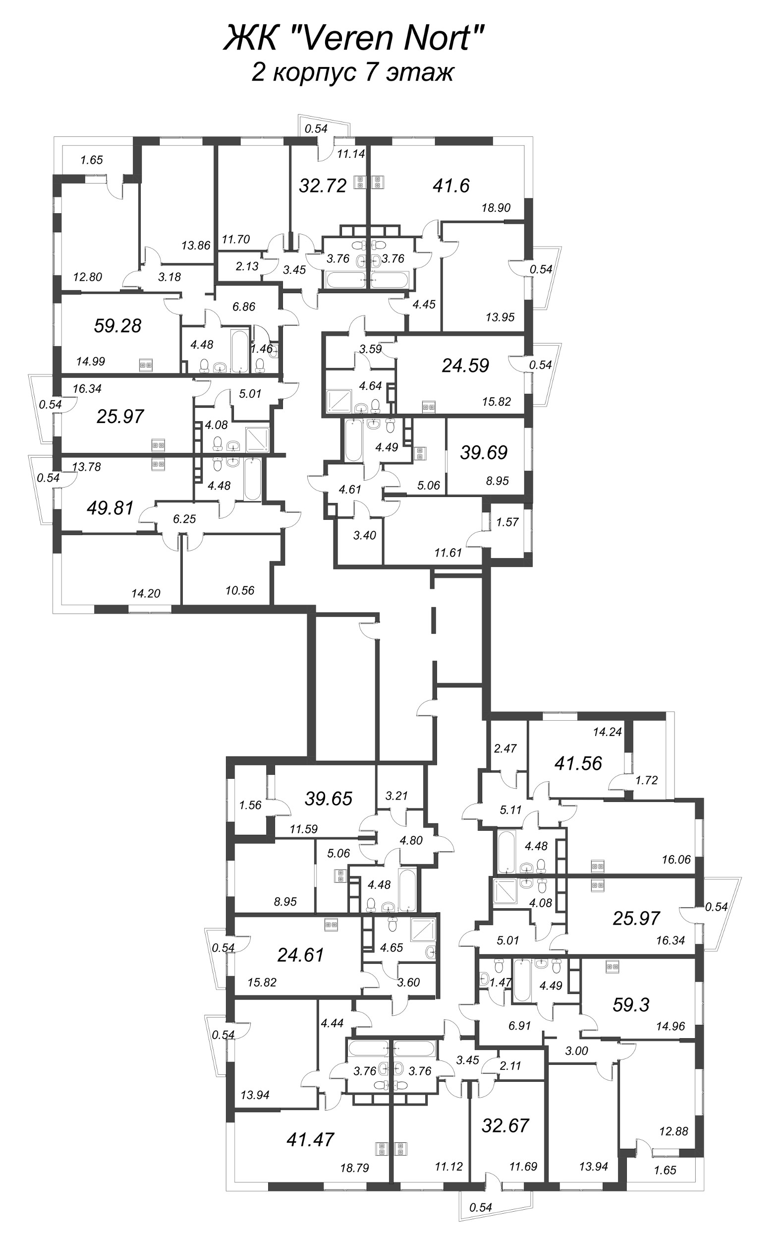 3-комнатная (Евро) квартира, 59.28 м² - планировка этажа