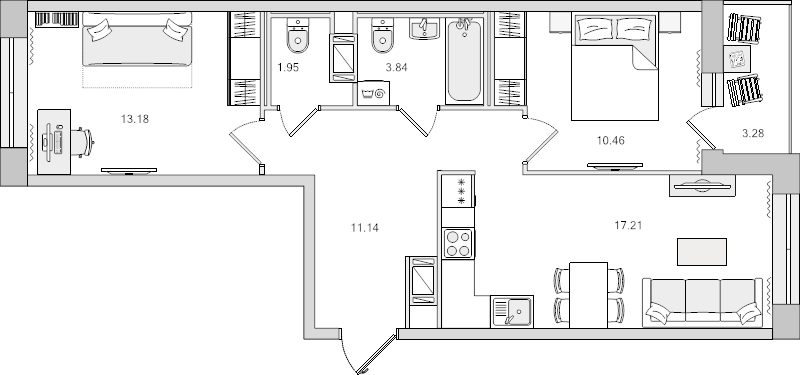 3-комнатная (Евро) квартира, 53.54 м² - планировка, фото №1