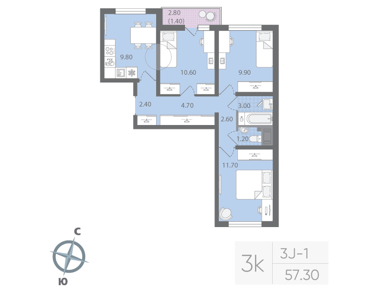 3-комнатная квартира, 57.3 м² - планировка, фото №1