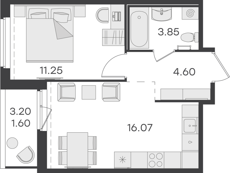 2-комнатная (Евро) квартира, 37.37 м² в ЖК "GloraX Парголово" - планировка, фото №1