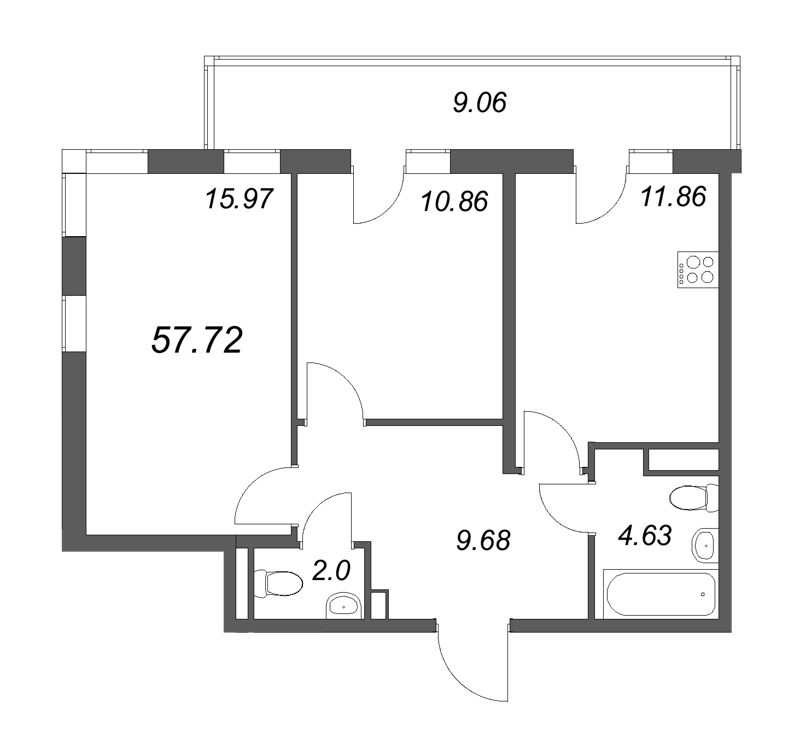 2-комнатная квартира, 57.72 м² в ЖК "Новая история" - планировка, фото №1