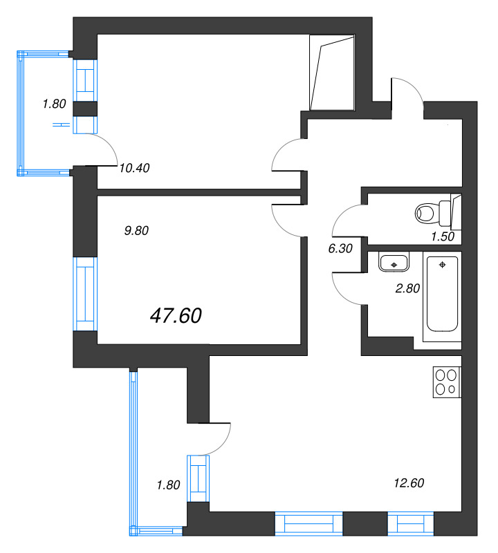 2-комнатная квартира, 44.7 м² в ЖК "Эко Квартал Нега" - планировка, фото №1