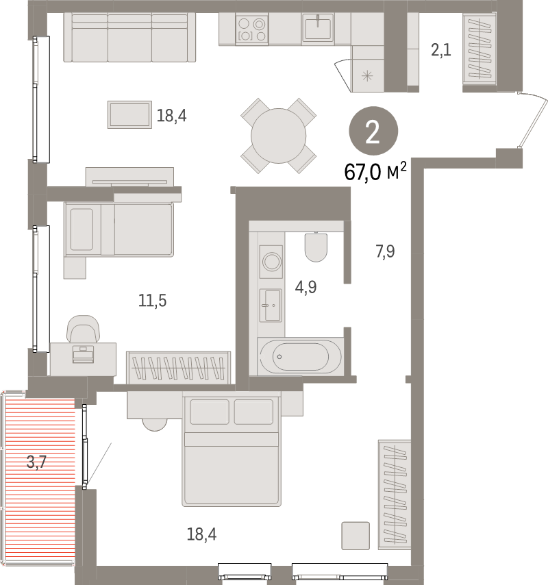 3-комнатная (Евро) квартира, 67 м² - планировка, фото №1