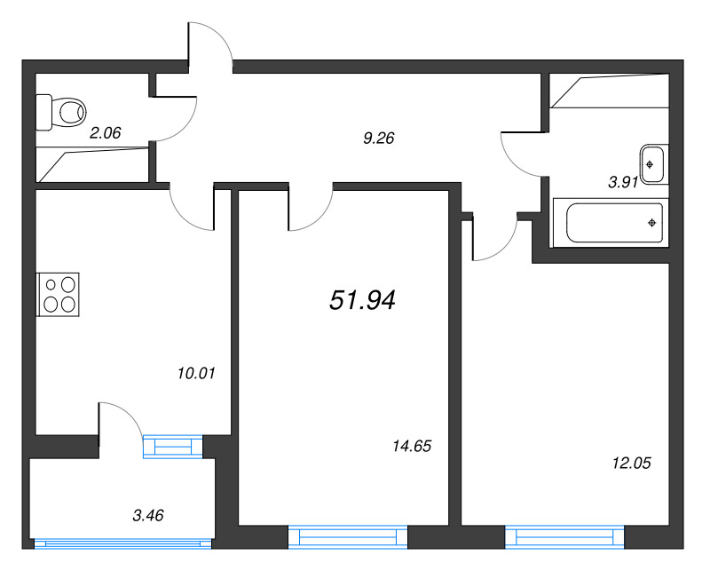 2-комнатная квартира, 51.94 м² в ЖК "Ясно.Янино" - планировка, фото №1