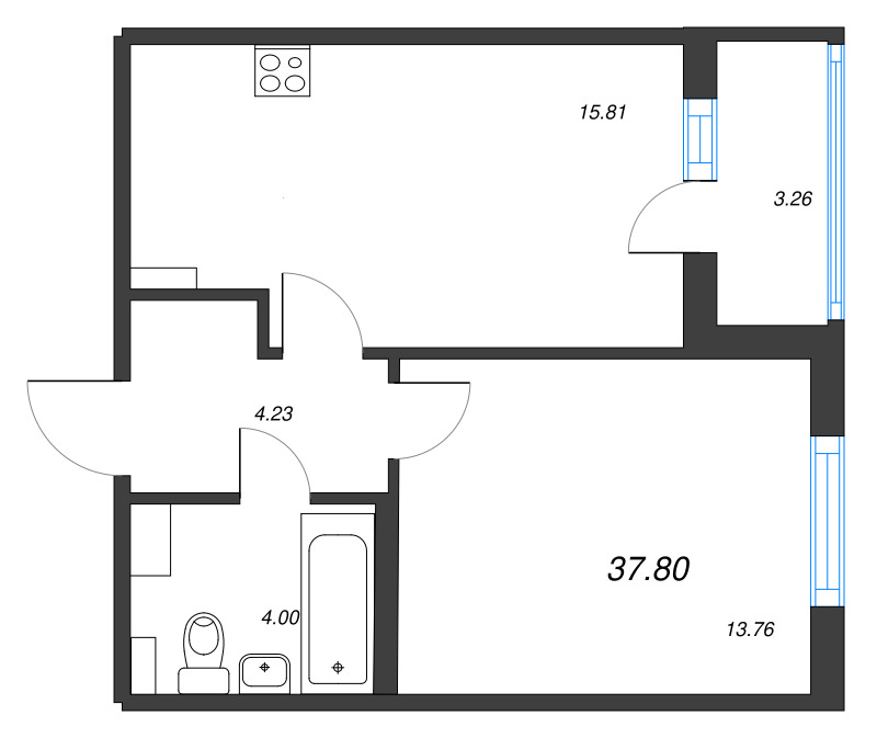 2-комнатная (Евро) квартира, 37.8 м² - планировка, фото №1