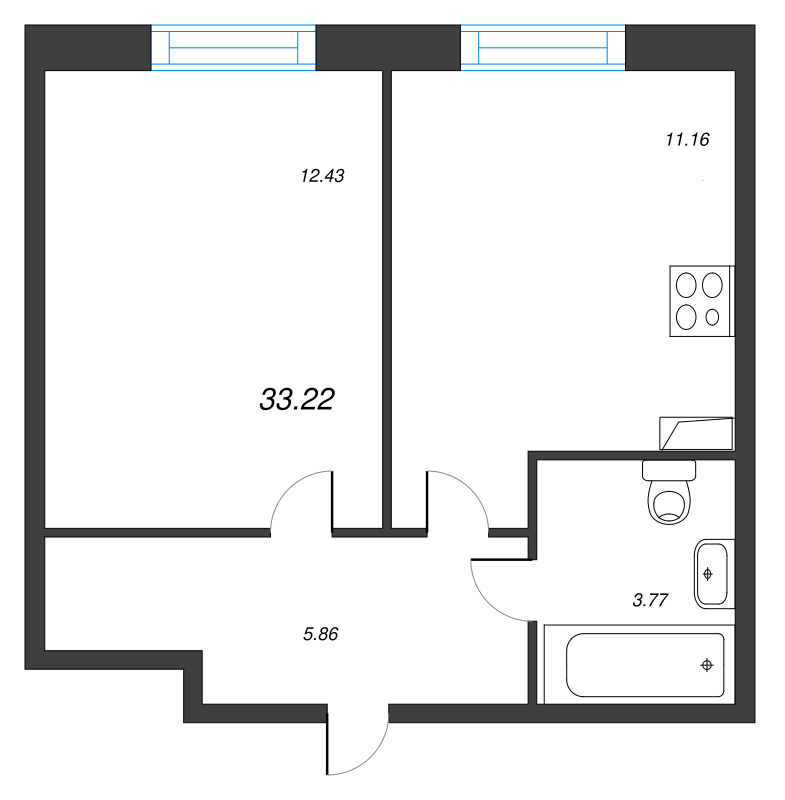 1-комнатная квартира, 33.22 м² - планировка, фото №1