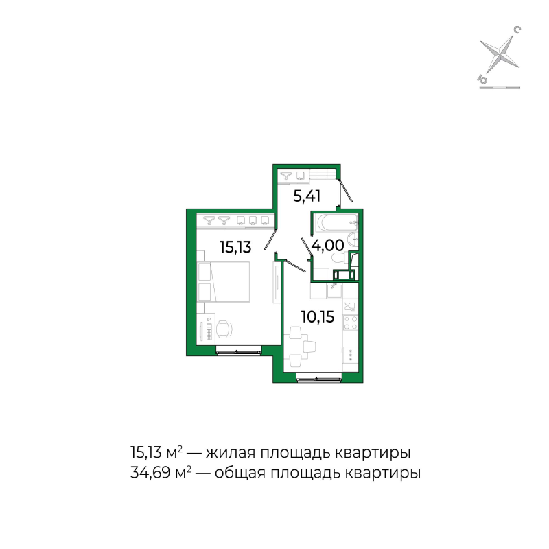 1-комнатная квартира, 34.69 м² в ЖК "Сертолово Парк" - планировка, фото №1