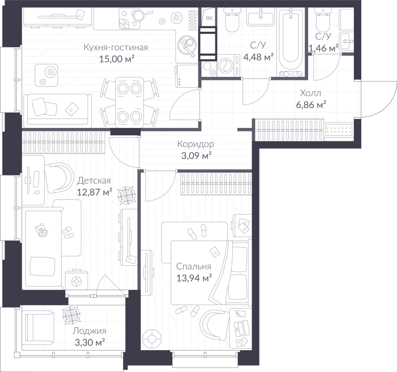 3-комнатная (Евро) квартира, 59.35 м² в ЖК "VEREN NORT сертолово" - планировка, фото №1