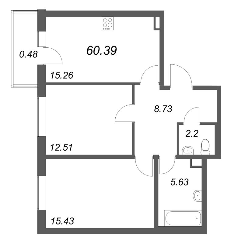 2-комнатная квартира, 60.39 м² в ЖК "Новая история" - планировка, фото №1