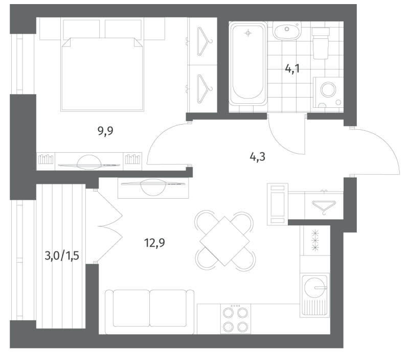 1-комнатная квартира, 32.65 м² в ЖК "NewПитер 2.0" - планировка, фото №1