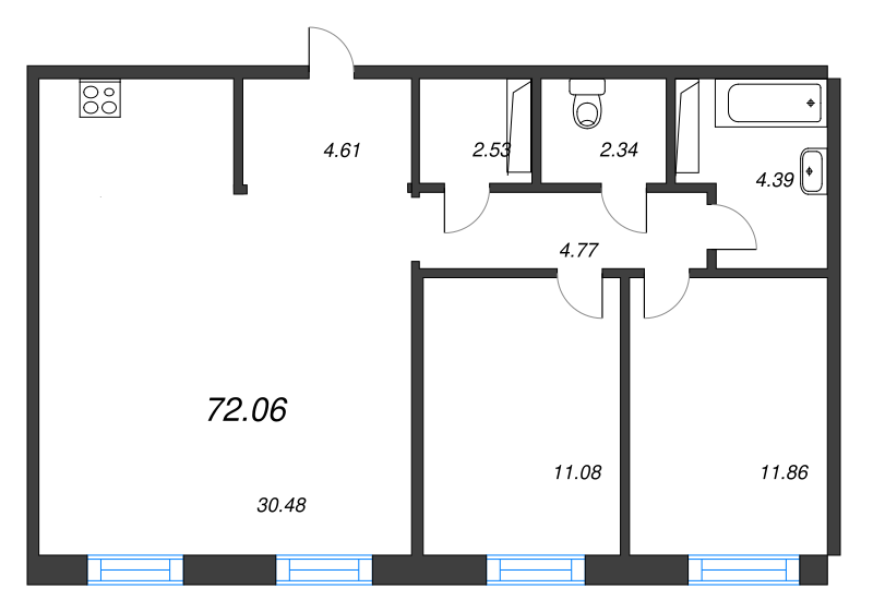 3-комнатная (Евро) квартира, 72.06 м² в ЖК "Черная речка, 41" - планировка, фото №1