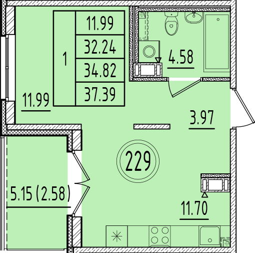 1-комнатная квартира, 32.24 м² в ЖК "Образцовый квартал 6.4" - планировка, фото №1