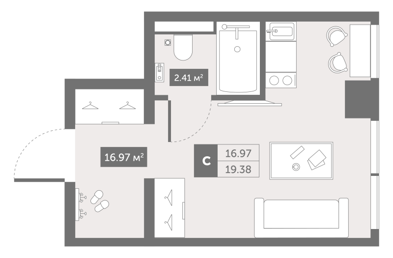 Квартира-студия, 19.38 м² в ЖК "Zoom Черная речка" - планировка, фото №1