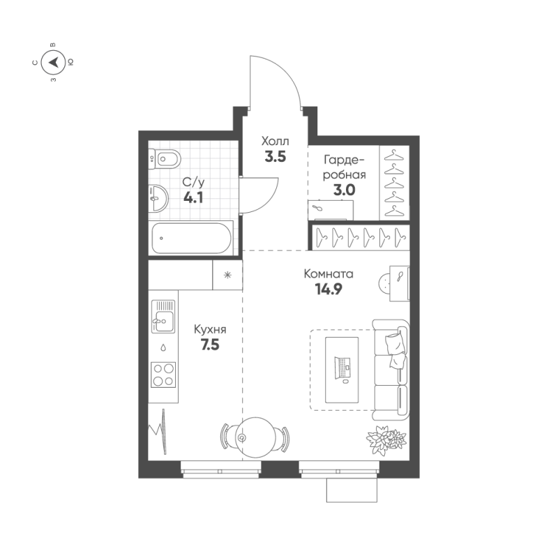 Квартира-студия, 33 м² в ЖК "Ягодное Река Парк" - планировка, фото №1