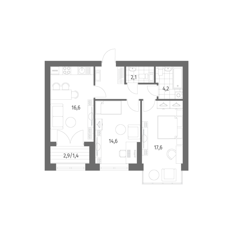 2-комнатная квартира, 63.9 м² в ЖК "Наука" - планировка, фото №1