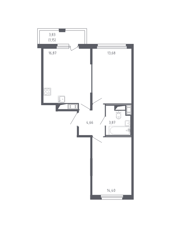3-комнатная (Евро) квартира, 54.63 м² - планировка, фото №1