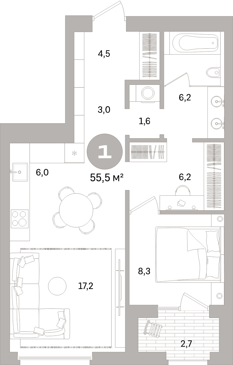2-комнатная (Евро) квартира, 55.5 м² в ЖК "Северный ветер" - планировка, фото №1