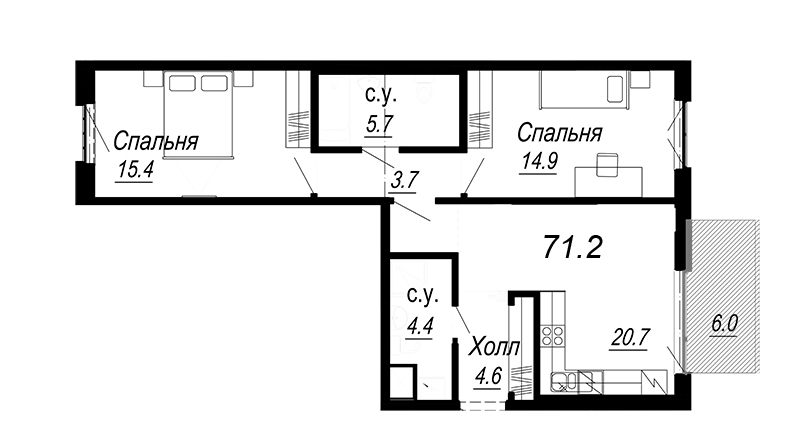 3-комнатная (Евро) квартира, 71.8 м² - планировка, фото №1
