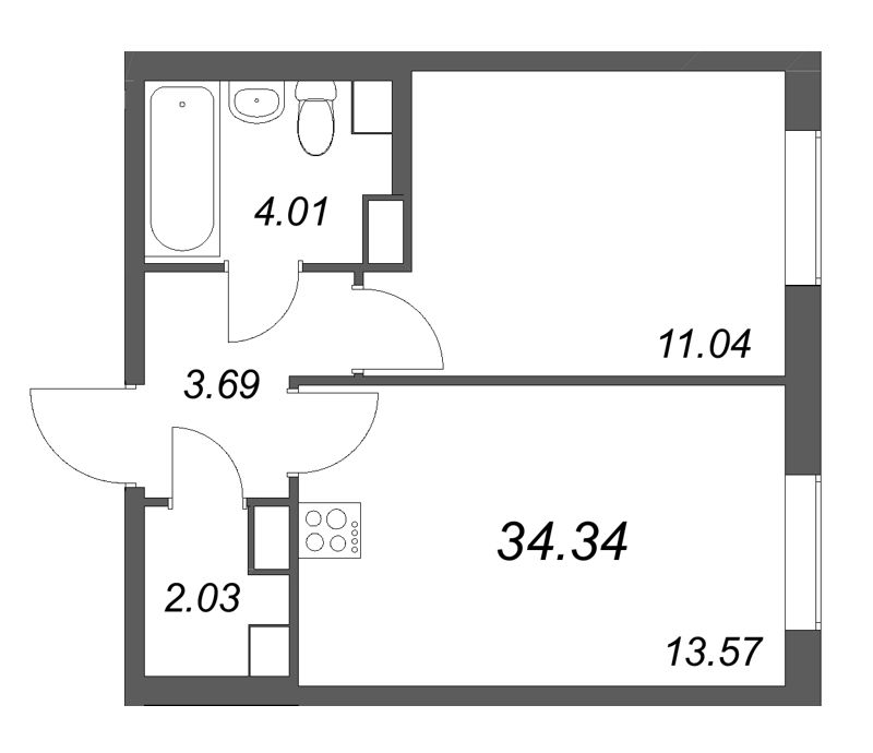 1-комнатная квартира, 34.34 м² в ЖК "Кинопарк" - планировка, фото №1