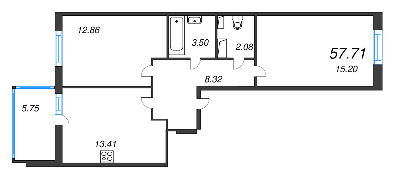 2-комнатная квартира, 57.71 м² в ЖК "Аквилон Stories" - планировка, фото №1
